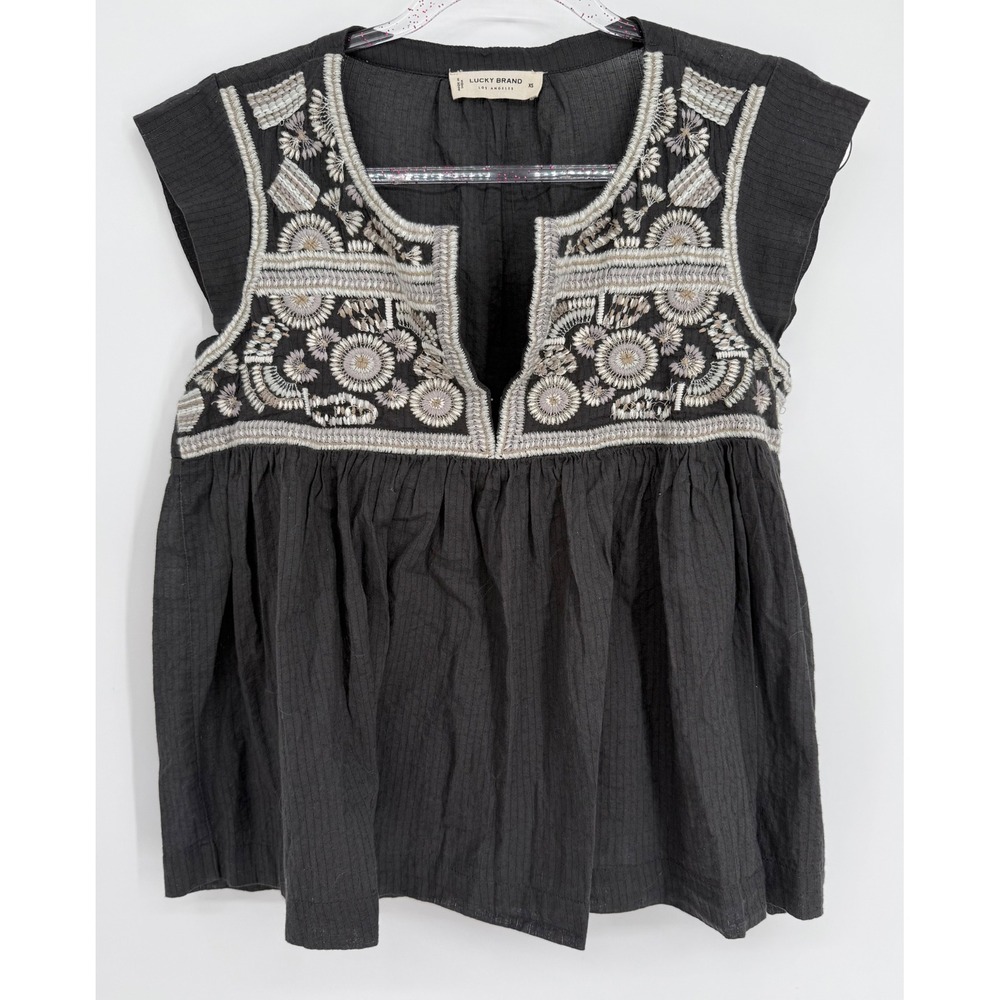 Lucky Brand Womens Black‎ Embroidered Boho Babydoll Cap Sleeve Cotton Top Sz XS